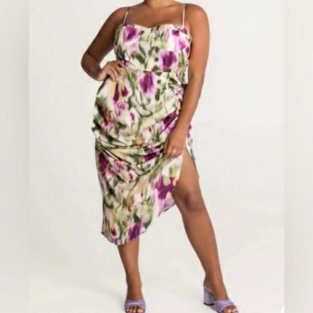 NWT Cider Abstract Watercolor Midi Slip Dress Purple Green 2XL